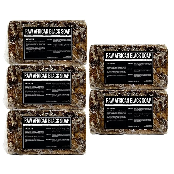Sheanefit Raw African Black Soap Bar - For All Skin Types - Face, Body, Hair Soap Bulk Bars (15 Ounce (Pack of 5))