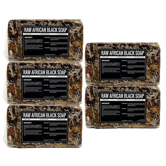Sheanefit Raw African Black Soap Bar - For All Skin Types - Face, Body, Hair Soap Bulk Bars (15 Ounce (Pack of 5))