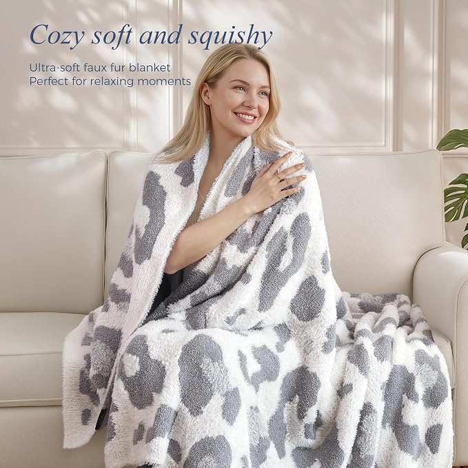 Knit Throw Blanket for Couch, Soft Cozy Fluffy Knitted Blanket for Sofa, Bed, Gift for Women Girls Home Decor (Leopard-Grey, Twin 60"x80")