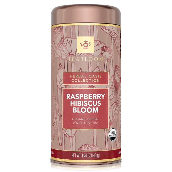 Teabloom Organic Herbal Tea, Raspberry Hibiscus Bloom Loose Leaf Tea, Fragrant and Fruity with Natural Berries, USDA and EU Certified Organic, Fresh Whole Leaf Blend in Reusable Gift Canister, 4.94 oz/140 g Canister Makes 35-50 Cups