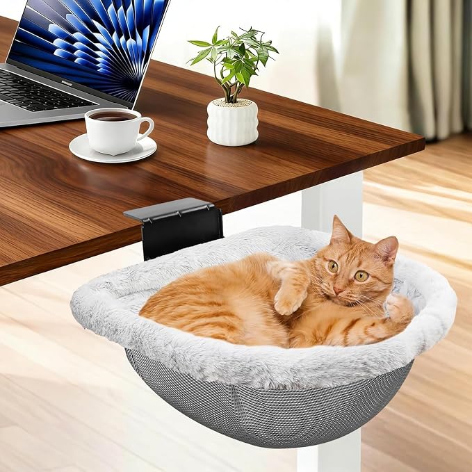 Extra-Sturdy Cat Desk Bed with Heavy-Duty Clamp | Sunken Hammock Design & Soft Faux Fur, Removable & Washable Cover, Holds Up to 40lbs, Space Saving Cat Perch