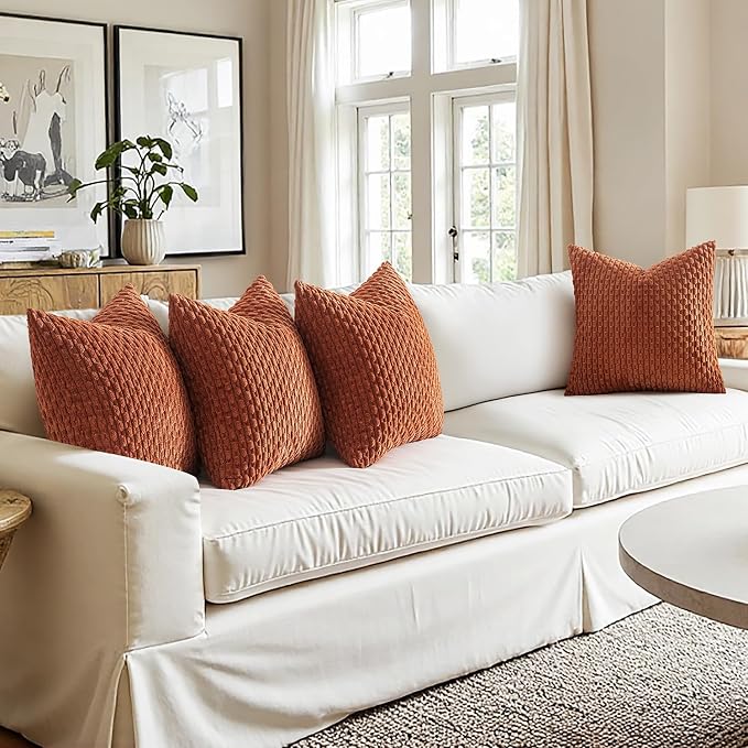 MIULEE Fall Terracotta Decorative Throw Pillow Covers for Couch Sofa Living Room Set of 4 Rustic Striped Cushion Covers Corduroy Pillowcases Farmhouse Home Decor 18x18 Inch Burnt Orange