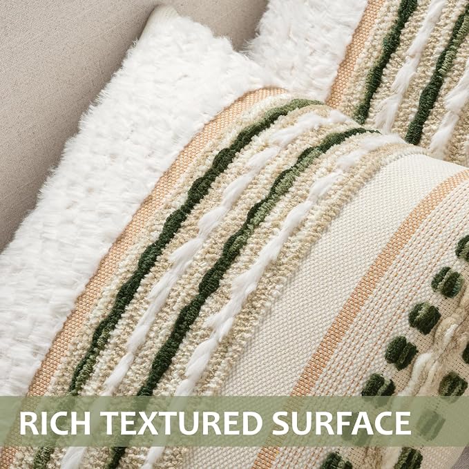 ANRODUO Boho Decorative Throw Pillow Covers Plush Green 18x18 Pack of 2 | Chenille Tufted Couch Pillow Covers, Farmhouse Pillow Covers, Accent Neutral Pillowcase, Cushion Covers for Couch Sofa Bed