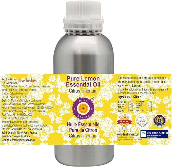Deve Herbes Pure Lemon Essential Oil (Citrus limonum) Steam Distilled 300ml (10 oz)