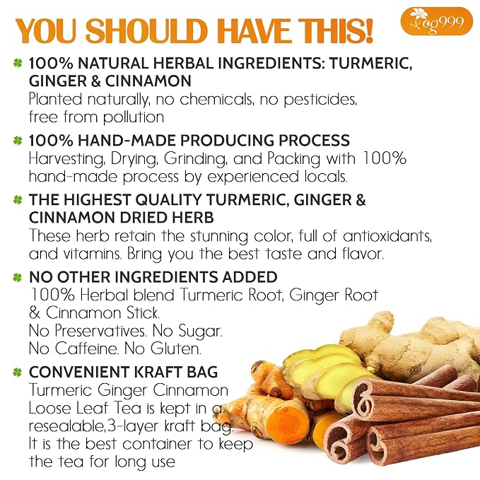 TOG999, Premium 12oz Ginger Turmeric Cinnamon Loose Leaf Herbal Tea. Improve Digestion, Support Brain, Weight, Skin and Sleep. Premium Quality Spiced Blend. No Sugar, No Caffeine, No Gluten, Vegan.