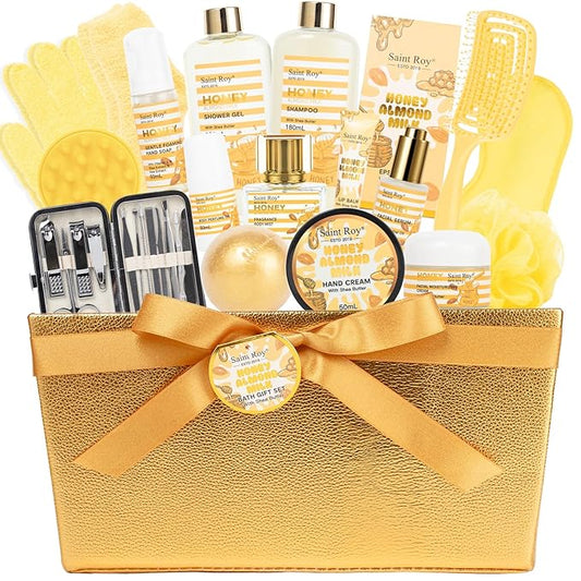 34 Pcs Skin care kit Spa Gift Set for Women & Men, Honey & Almond Milk Bath & Body Gift Basket, Face Skin Care Kit with Shower Gel, Self-Care Manicure, Birthday, Christmas, Mother Day, Anniversary