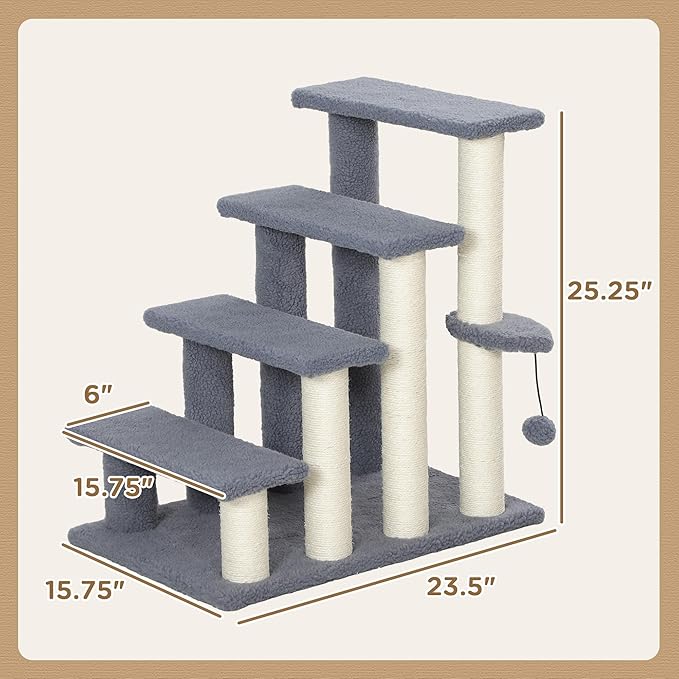 PawHut 4 Levels Cat Steps Pet Stairs Carpeted Ladder for High Bed Gray | Kitten Tree Climber, Scratching Posts, Hanging Play Ball, Side Step, for Sofa