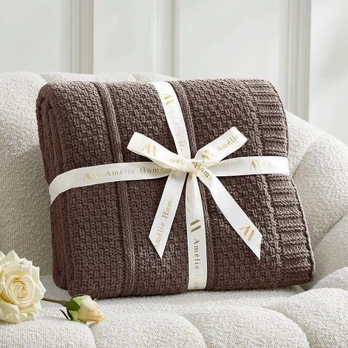 Chenille Throw Blanket for Couch, Soft Cozy Chunky Knit Blanket, Moss Stitch Throw for Sofa, Bed, Living Room, Lightweight Warm Home Decor, Dark Brown 50"x60"