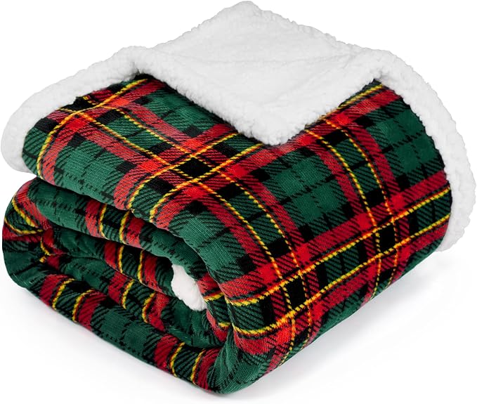 Sherpa Plaid Throw Blanket, 60" X 70"Fuzzy Fluffy Cozy Soft Blanket, Fleece Flannel Plush Twin Size Microfiber Blanket for Couch Bed Sofa, Red & Green