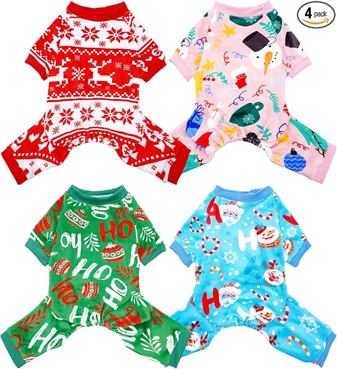 PET SHOW 4 Pack Christmas Velvet Dog Pajamas for Small Dogs | Soft stretchy dogs onesies,boy girl pjs with sleeve,holiday jumpsuit costume for small pets cats,S