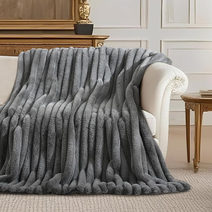 Faux Fur Throw Blanket for Couch, Ultra Cozy Fuzzy Fluffy Fur Luxurious Soft Striped Plush Gift Blankets for Family Sofa Chair Bedroom, 55"x70", Cationic Wolf Gray
