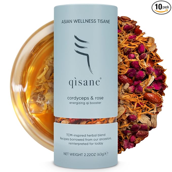 qìsane Cordyceps Tea Bags with Dried Rose Buds - Adaptogenic Cordyceps Mushroom Flowers, Dried Roses, Astragalus Root & Codonopsis Root - Caffeine Free Tea Helps Balance Body - 10 sachets (~30 cups)