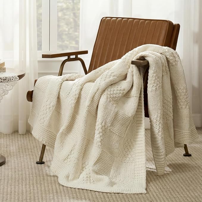 Knit Throw Blanket, Soft Chenille Cozy Breathable Checkered Chunky Decorative Blanket for Couch, Bed & Sofa, French-Inspired Lightweight Warm Gift for Women, Ivory, 50"x60"