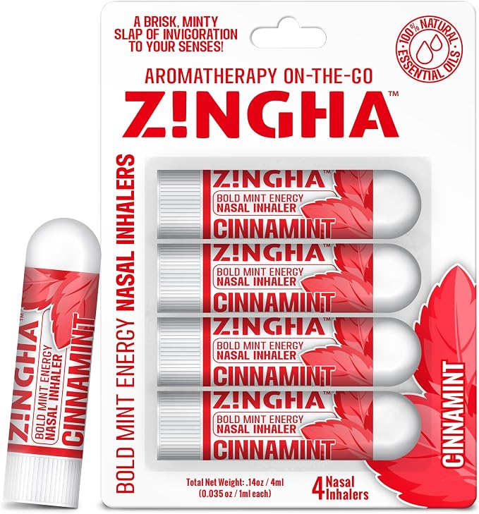 Z!NGHA Natural Aromatherapy Nasal Inhaler Stick for Sinus Relief, Focus & Stress Relief | Portable Dual-Hole Essential Oil Blend (4PK, Cinnamint)