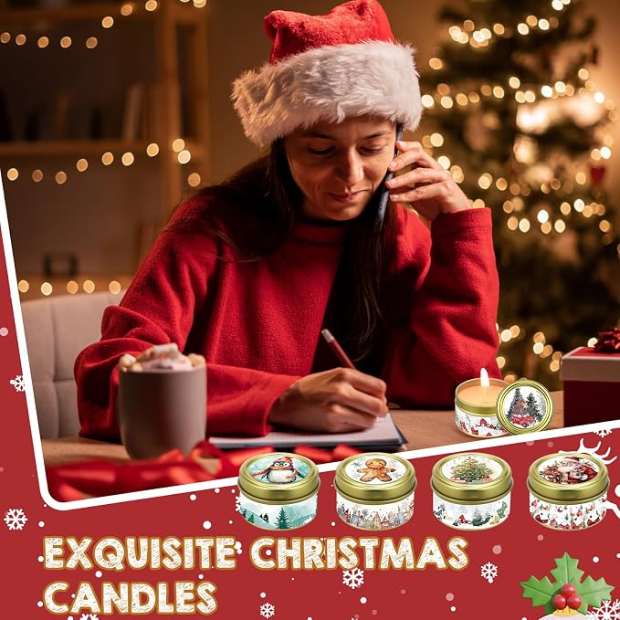 MTLEE 24 Sets Christmas Scented Soy Wax Candles Aromatherapy Candles with Organza Bag and Cards Bulk, Portable Travel Tin Candle Party Favors Christmas Gifts for New Year Home Supplies(Romantic)