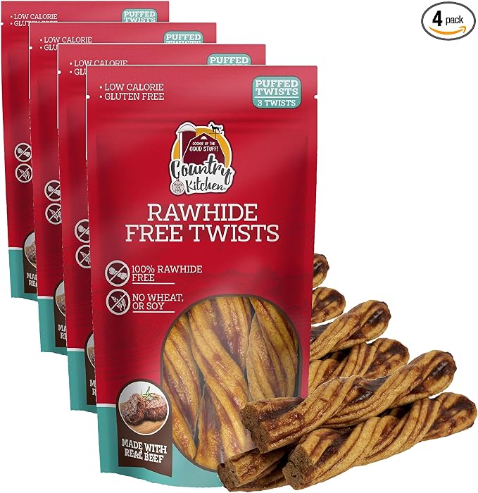 Country Kitchen Rawhide Free Beef Twists Dog Chews,Made with Real Beef, Highly Digestible, Gluten Free, 3 Count (Pack of 4)
