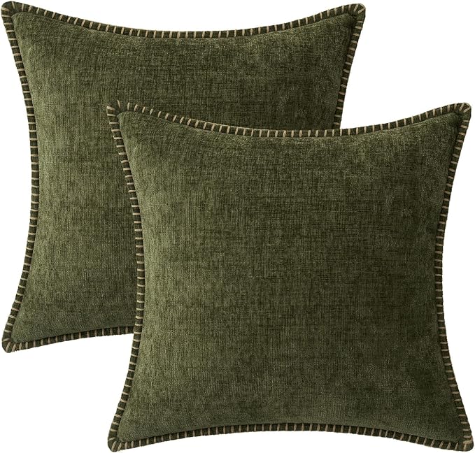 MIULEE Decorative Couch Throw Pillow Covers 16x16 Inch Olive Green 2 Pack | Farmhouse Pillow Covers with Stitched Edge, Soft Chenille Cushion Cases, for Sofa Bed Living Room Home Decor