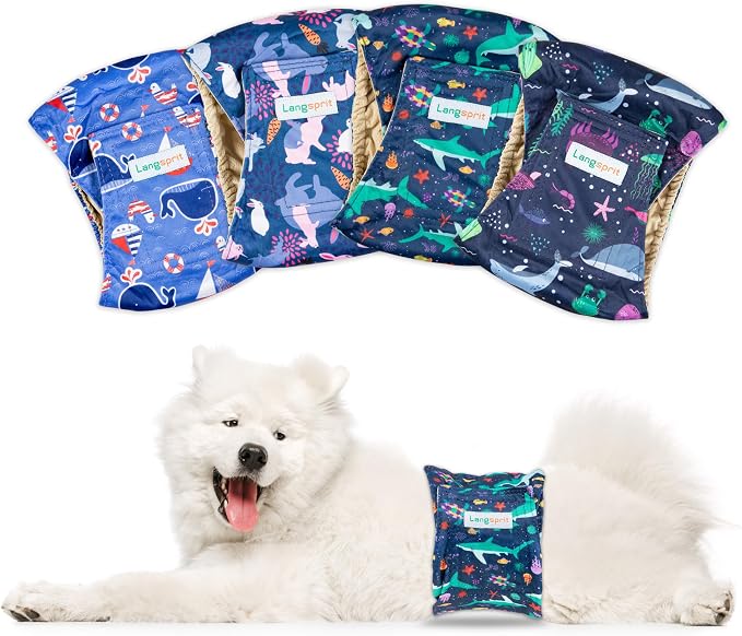 Langsprit Small Male Dog Diapers for Doggie Puppy,Reusable Belly Bands for Male Dogs Wraps,Washable Doggy Dog Diapers Medium Large in Incontinence 4 Pack (Shark, Tortoise, Rabbit, Whale, X-Large)