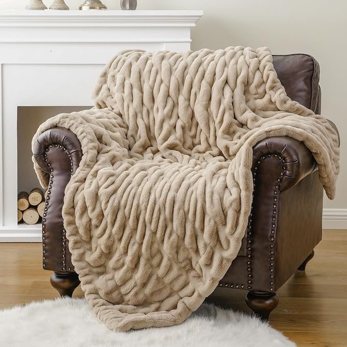BATTILO Soft Faux Fur Throw Blanket for Couch, Double Side, 60"x80", Beige | Luxury Minky Couture Blanket, Beige Throw Blanket, Premium Silky Cozy Soft Fluffy Faux Fur Blanket For Bed, Sofa Living Room