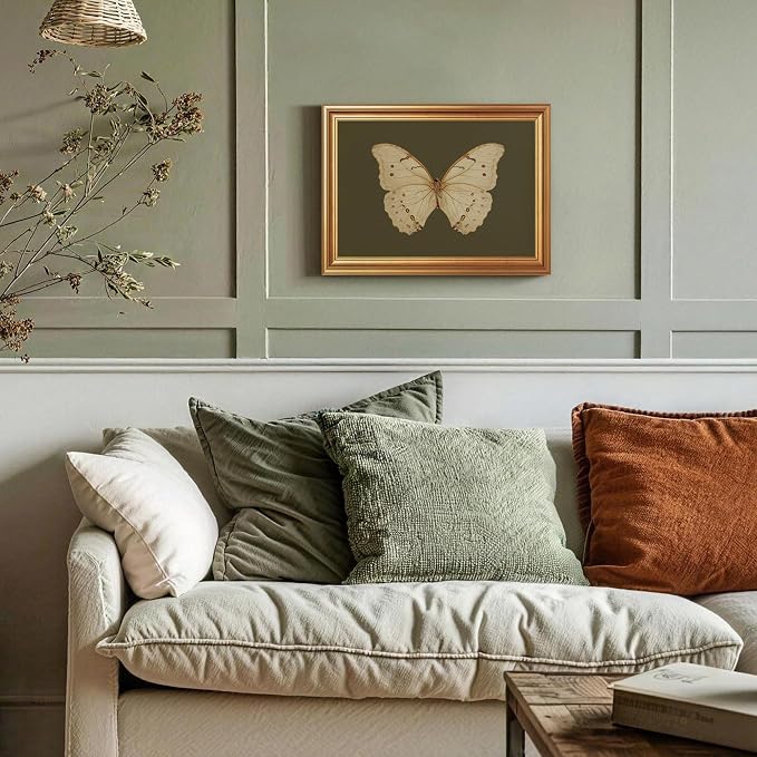 JLTULT Gold Framed Butterfly Wall Art, Dark Green Canvas, 12 x 16 Inches | Ivory butterfly art on fade-resistant dark green canvas with a ready-to-hang gold-tone PS frame for bedrooms and offices