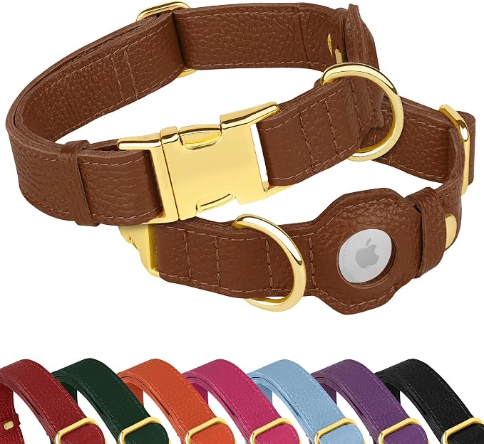 Leather Airtag Dog Collar - Soft Tracking Dog Collar with Apple AirTag Holder and Metal Buckle - Safety GPS Pet Collars for Small Medium Large Dogs Puppy Pink Red (Brown, XL, 20"-25" Neck Fit)