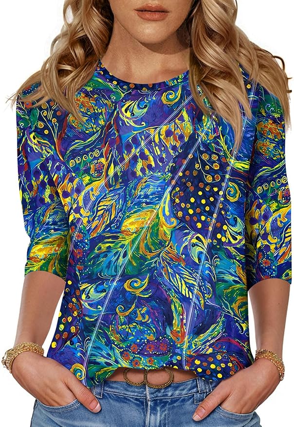 LOMON 3/4 Length Sleeve Womens Tops Spring Summer Fashion 2026 Tops Crew Neck Pleated Shirts Tunic Top Loose Fit