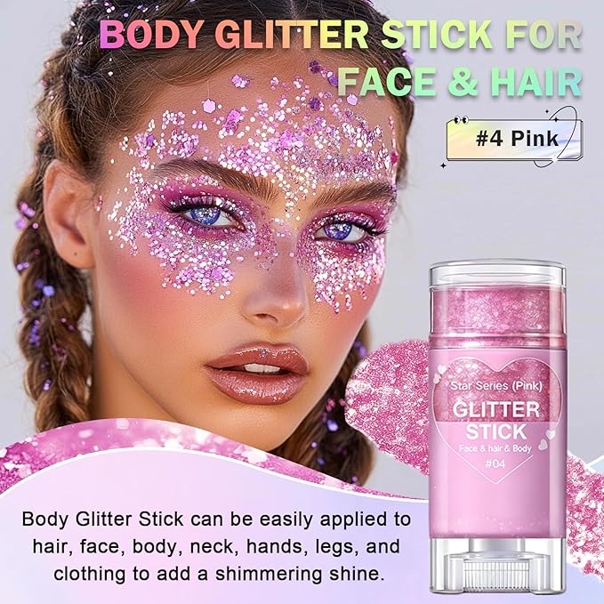 Pink Body Glitter Stick, Face Body Glitter Gel Holographic Hair Glitter Halloween Chunky Sequin Waterproof Face Paint Stick Glitter Makeup for Kids and Women