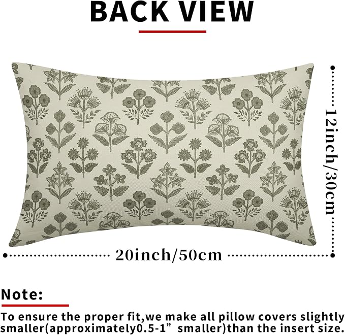 Olive Green Floral Pillow Covers 12x20 Inch Set of 2, Block Print Lumbar Flower Cream Decorative Throw Pillowcases Outdoor Farmhouse Rectangle Cushion Covers Spring Summer Sofa Couch Bed Decor
