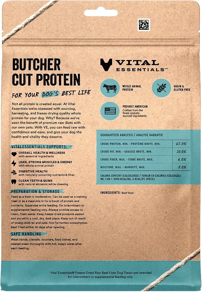 Vital Essentials Freeze Dried Dog Treats, Beef Liver, 15 oz Bag | Single Ingredient, Premium Quality, Grain Free Training Treats, USA Made with U.S. & Globally Sourced Ingredients