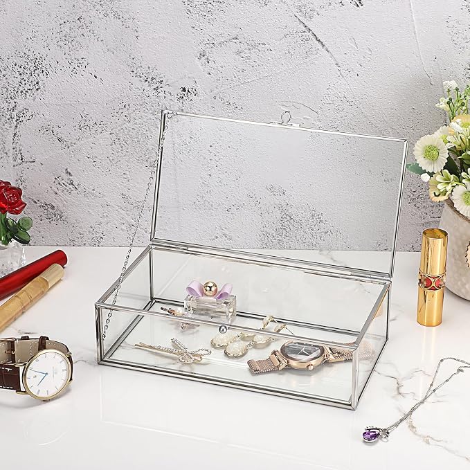 Hipiwe Glass Keepsake Display Box Large Clear Jewelry Lidded Boxes with Lid | Decorative Glass Boxes Rectangle Display Organizer for Trinket Perfume Collection - Gift for Birthday Anniversaries