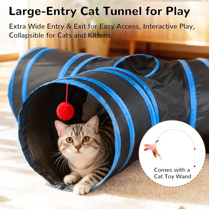 Tempcore Cat Tunnel, 3-Way Collapsible Toy for Indoor Cats, Royal Blue