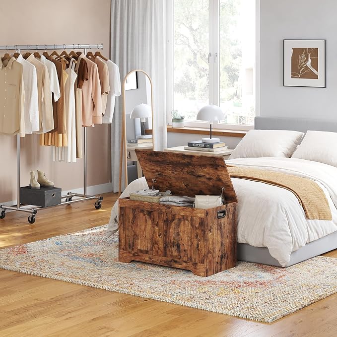Storage Chest, Wooden Toy Box, Rustic Brown 31.5" L | Entryway Shoe Bench, 2 Soft-close Hinges, Finger-safe Flip-Top Lid, Easy Assembly, Farmhouse Large Trunk, Living Room/Bedroom