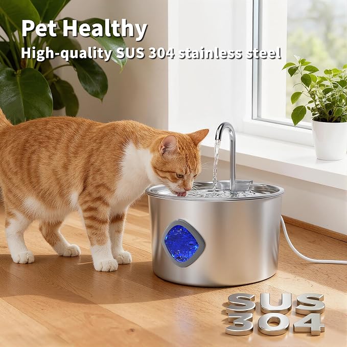 Cat Water Fountain Stainless Steel: 108oz/3.2L Cat Fountain for Drinking - Pet Water Fountains for Cats Indoor - Dog Water Bowl Dispenser - Pets Feeding & Watering Supplies - Automatic Water Dispenser