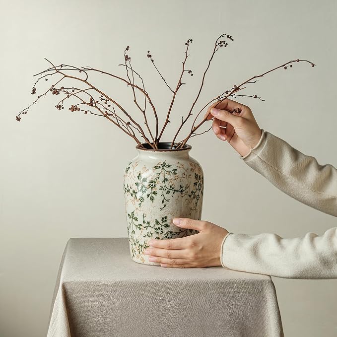 Ceramic Flower Vase for Home Decor, Green Vintage Decorative Vase 8 Inch | Rustic Farmhouse Floral Vase for Living Room, Bookshelf, Coffee Table, Kitchen, Mantel, Entryway, Wedding Centerpiece