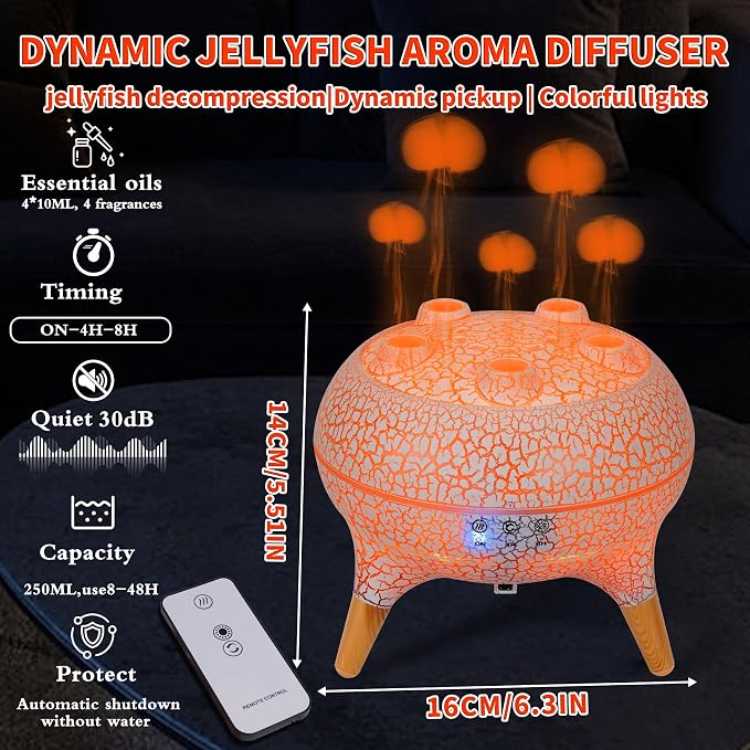 KCKJ Jellyfish Essential Oil Diffuser Sound-Activated Spray Dancing Jellyfish,250ml Aroma Air Diffuser, 3 Mist Modes & 7 Color Lights, Volcanic Lava Design for Home Bedroom(White Crack)