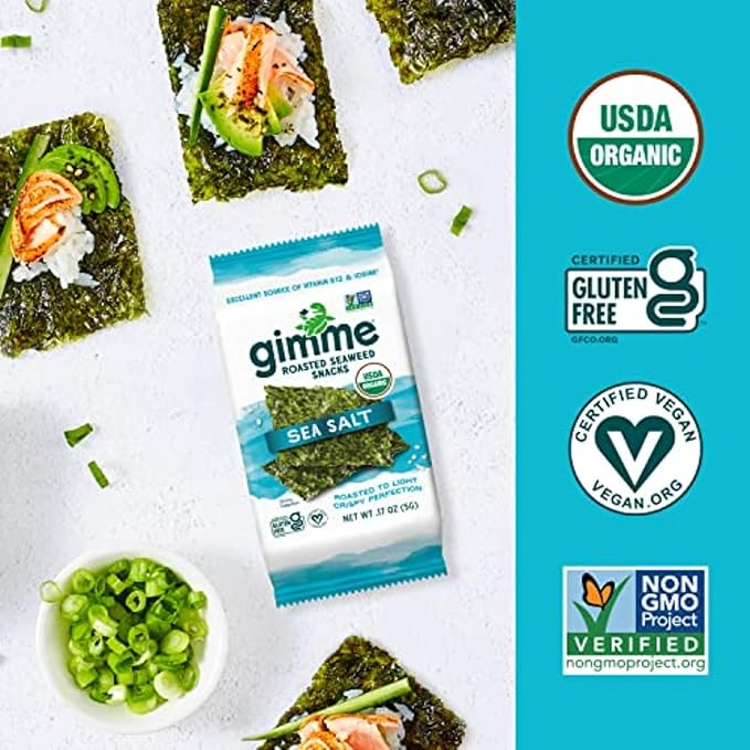 Gimme Seaweed - Sea Salt - 6 Count - Organic Roasted Seaweed Sheets - Keto, Vegan, Gluten Free - Great Source of Iodine & Omega 3’s - Healthy On-The-Go Snack for Kids Adults (Pack of 2)