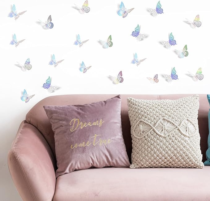 SAOROPEB 3D Butterfly Wall Decor, 72 Pcs 3 Styles 3 Sizes, Removable Metallic Wall Sticker Room Mural Decals for Kids Bedroom Nursery Classroom Party Decoration Wedding Decor DIY Gift (Laser) | 3 Styles 3 Sizes, Removable Metallic Wall Sticker Room Mur...