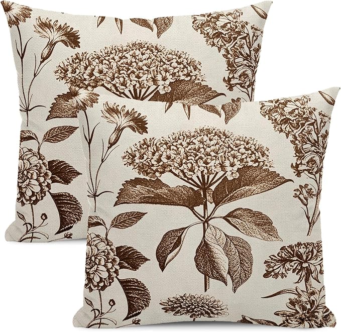 Floral Pillow Covers 18x18 Set of 2 Vintage Brown Hydrangea Herbs Botanical Throw Pillow Cover Outdoor Decoration Boho Flower Pillowcase Farmhouse Decorative Cushion Case for Home Sofa Couch