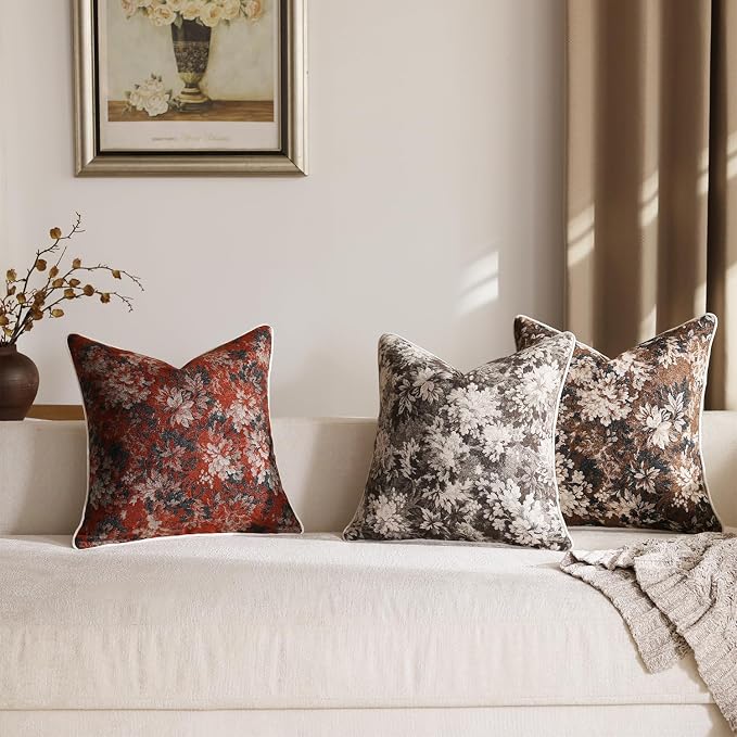 Pack of 2 Vintage Floral Euro Sham Covers 24x24 Boho Farmhouse Accents Chenille Square Decorative Throw Pillow Cases for Living Room Couch Bed Home Decor, Dark Brown