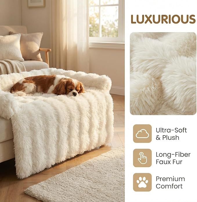 Calming Dog Bed for Couch, 29.5 x 29.5 inch, Dog Sofa Mat, Machine Washable | 3-Sided Bolster, Faux Rabbit Fur Plush, Non Slip Bottom, Water Resistant Furniture Protector for Small Medium Dogs & Cats
