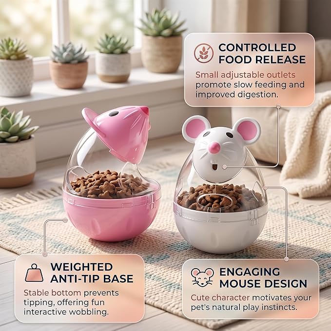 2 Pcs Cat Food Ball Dispenser, Mice Shaped Treat Dispenser for Cats, Slow Feeder Tumbler Toy for Training, Interactive Toys for Indoor Cats (Pink, White)
