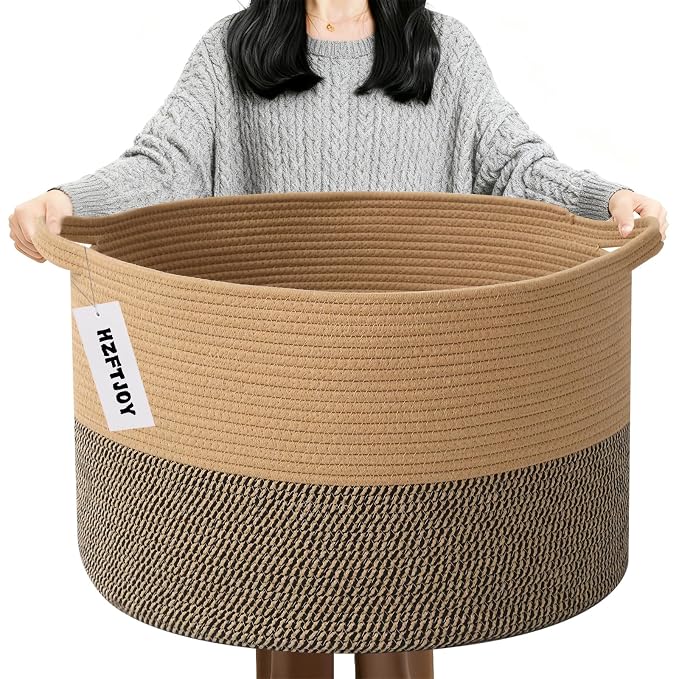 90L Extra Large Blanket Basket,Woven Rope Laundry Basket-Jute&Black | Collapsible, reinforced handles, nursery storage bin organizes clothes, toys and pillows for living room, bedroom bathroom