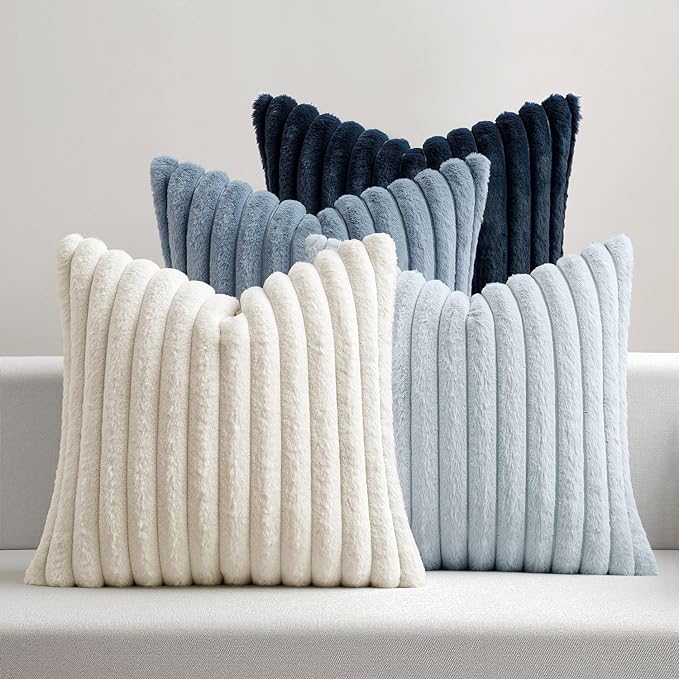 MIULEE Faux Fur Plush Euro Decorative Throw Pillow Covers 24x24, Navy Blue | Set of 4, Striped, Soft Coastal Modern Cozy Home Decor, Cushion Cases for Sofa Couch Bed Living Room