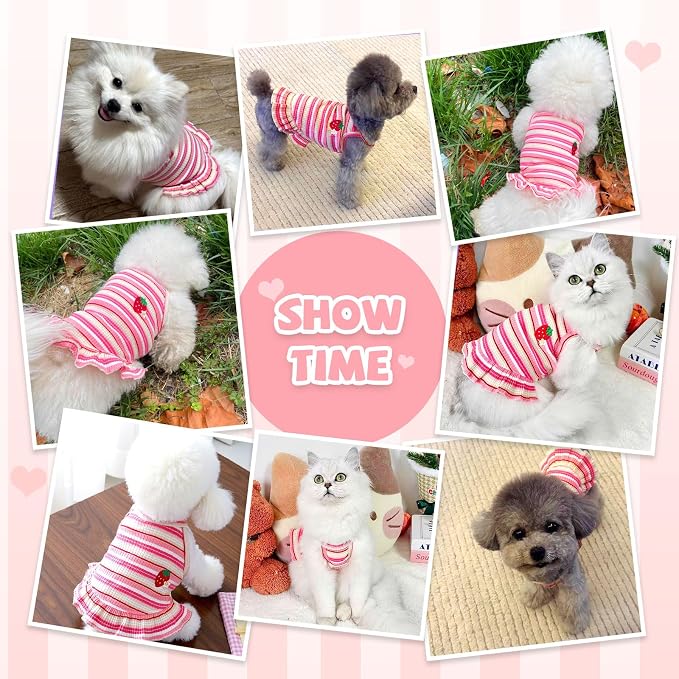Cute Small Dog Dress Girl Female Dog Clothes Spring Summer Pet Puppy Cats Striped Dress Outfits for Shih Tzu Yorkies Chihuahua Maltese(Strawberry Pink,Small)