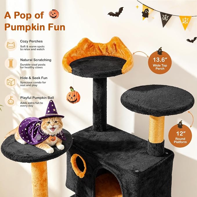 Yaheetech 54in Gothic Cat Tree, Multilevel Indoor Halloween Cat Tower | Activity center with cute kitten-ear perch, scratching posts, 2 kittens caves, black/pumpkin orange halloween decor