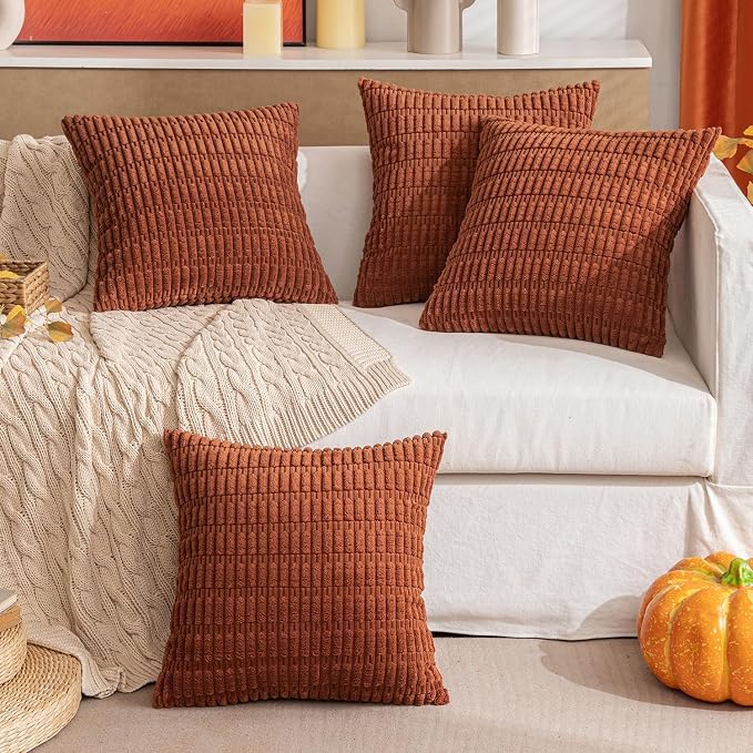 MIULEE Pack of 4 Fall Dark Rust Corduroy Decorative Throw Pillow Covers 18x18 Inch Soft Boho Striped Pillow Covers Modern Farmhouse Home Decor for Sofa Living Room Couch Bed | Neutral Rustic Farmhouse Boho Soft Striped Pillow Covers,Home Decor for Sofa...