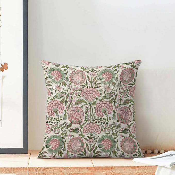 Block Print Pillow Covers 18x18 Inch Pack Of 2 Boho Pink Green Floral Decor Throw Pillow Covers Spring Summer Flower Pillowcase Outdoor Farmhouse Decorative Square Cushion Cover for Sofa Couch