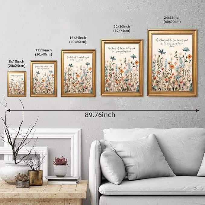 Framed Christian Scripture Wall Art Painting Give Thanks to the Lord Psalm 1361 Floral Print Inspirational Bible Verse Picture Poster Wildflower Faith Decor Canvas Artwork for Home Office 16x24inch