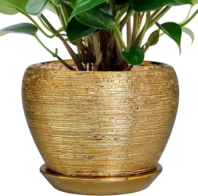 Ceramicfor Indoor Plant Pot 6 Inch - Ceramic Pot for Plants Outdoor Planter with Drainage Hole and Saucer Round Decorative Planter Modern Flower Pot for Home Decor Gold