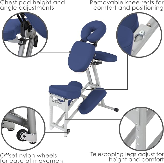 STRONGLITE Portable Massage Chair Ergo Pro II - Ultra-Strong, Lightweight, Foldable Tattoo Spa Chair with Wheels & Carry Case (600lbs Working Weight), Sapphire